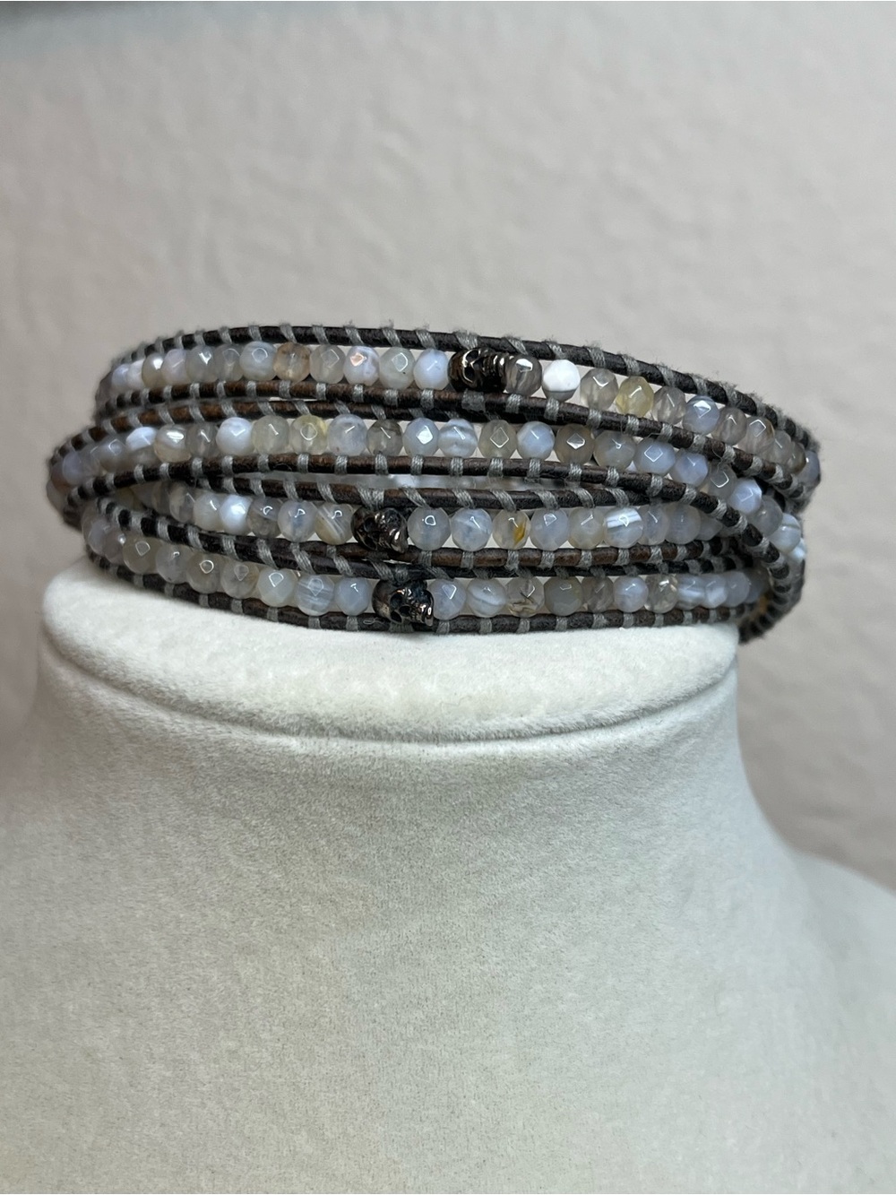Chan Luu Skull Wrap Brown Leather Bracelet 925 Sterling Silver Agate Beads